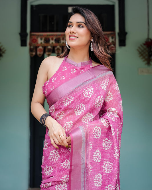 Magenta Pure Cotton Linen Saree with White Floral Block Print And Tassel Detailing With Unstitched Blouse