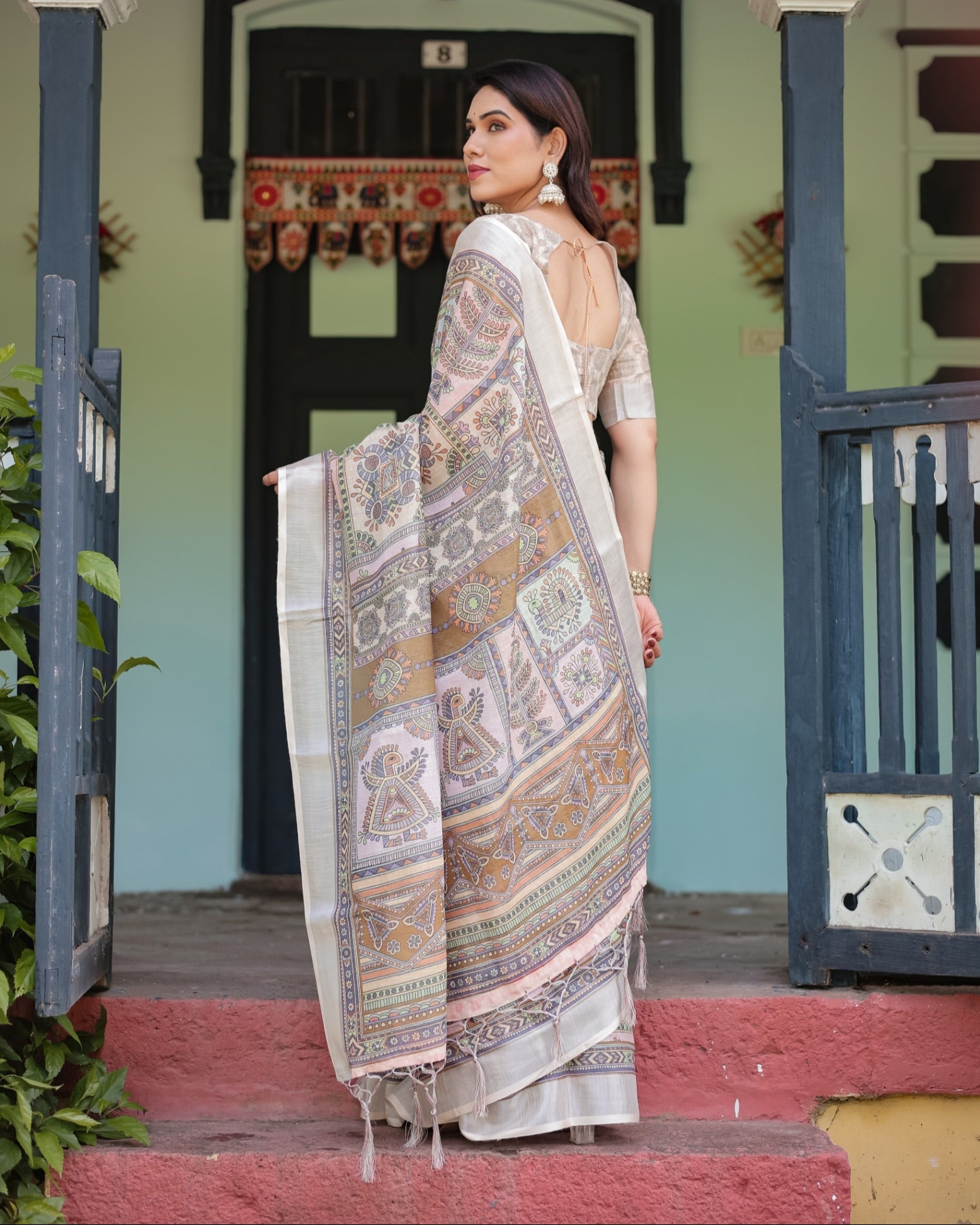 Cream and Pastel Multicolour Printed Pure Cotton Linen Saree and Tassels on Edges With Unstitched Blouse