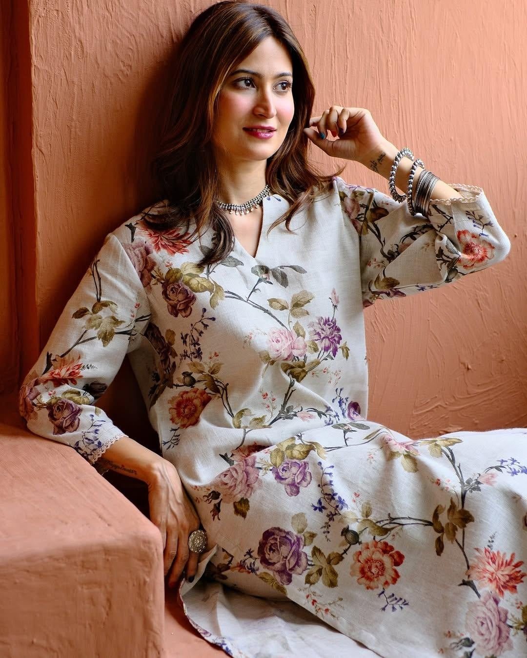 Women's Rayon Slub Hand Print Kurta Set with Bottom | Stitched Ethnic Wear for Women