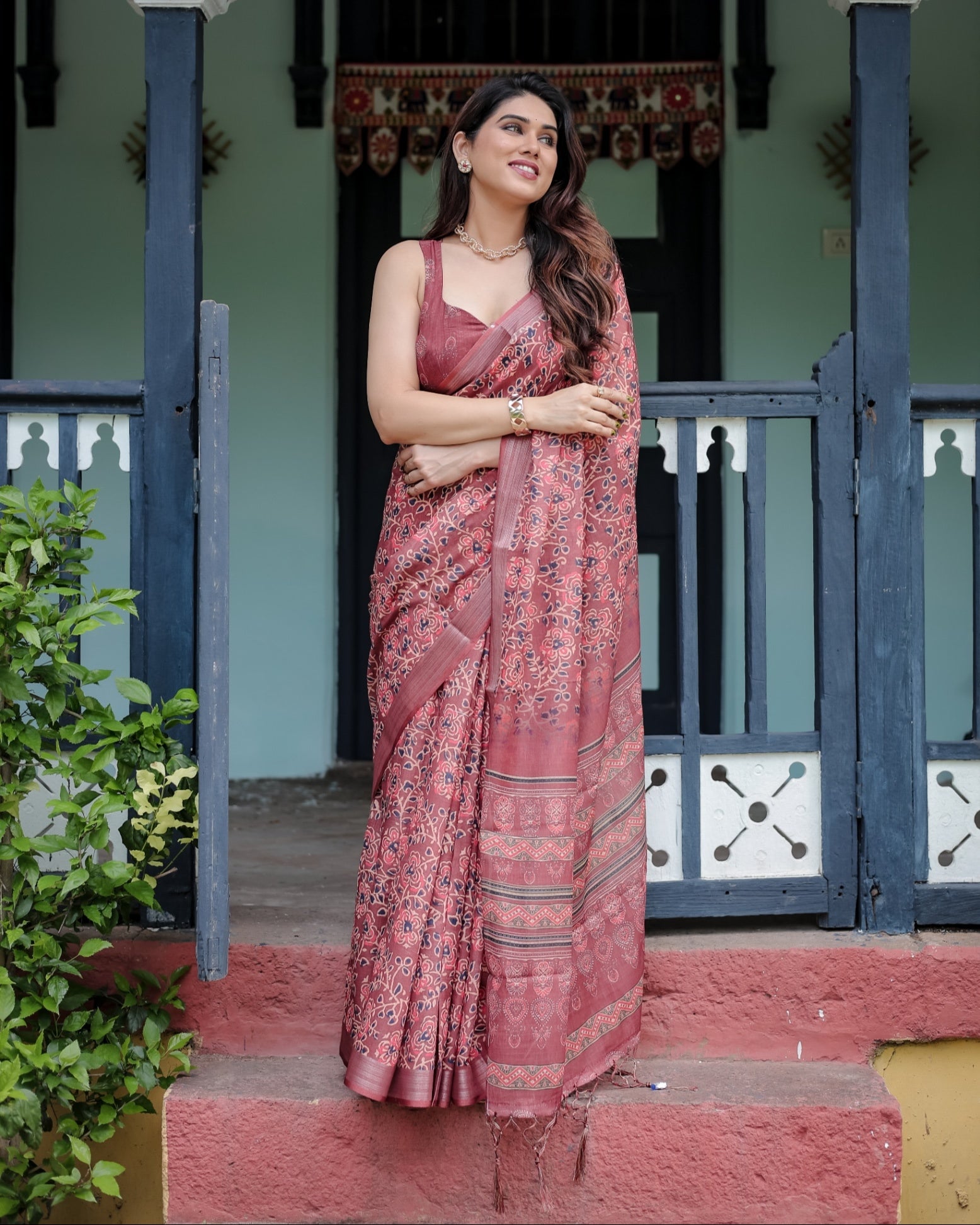 Rust Red Pure Cotton Linen Saree with Floral Block Print And Tassel Detailing With Unstitched Blouse
