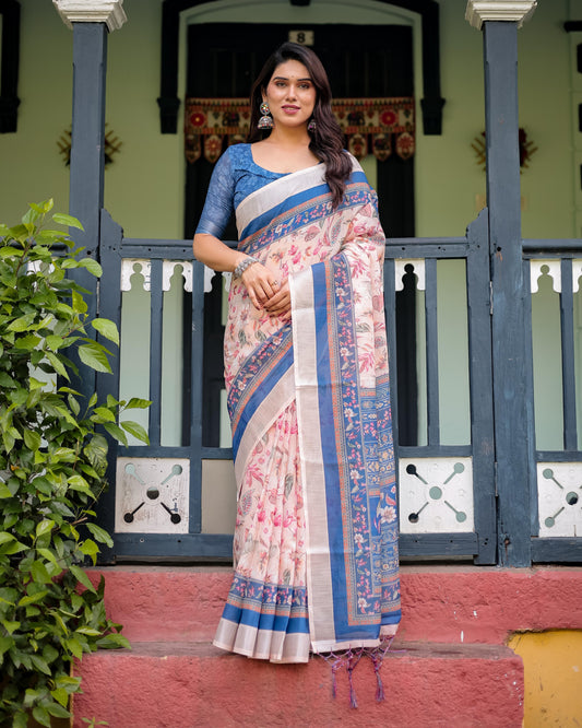 Pure Cotton Linen Saree Blue Floral Border and Pink Leaf Design with Tassels on Edges With Unstitched Blouse