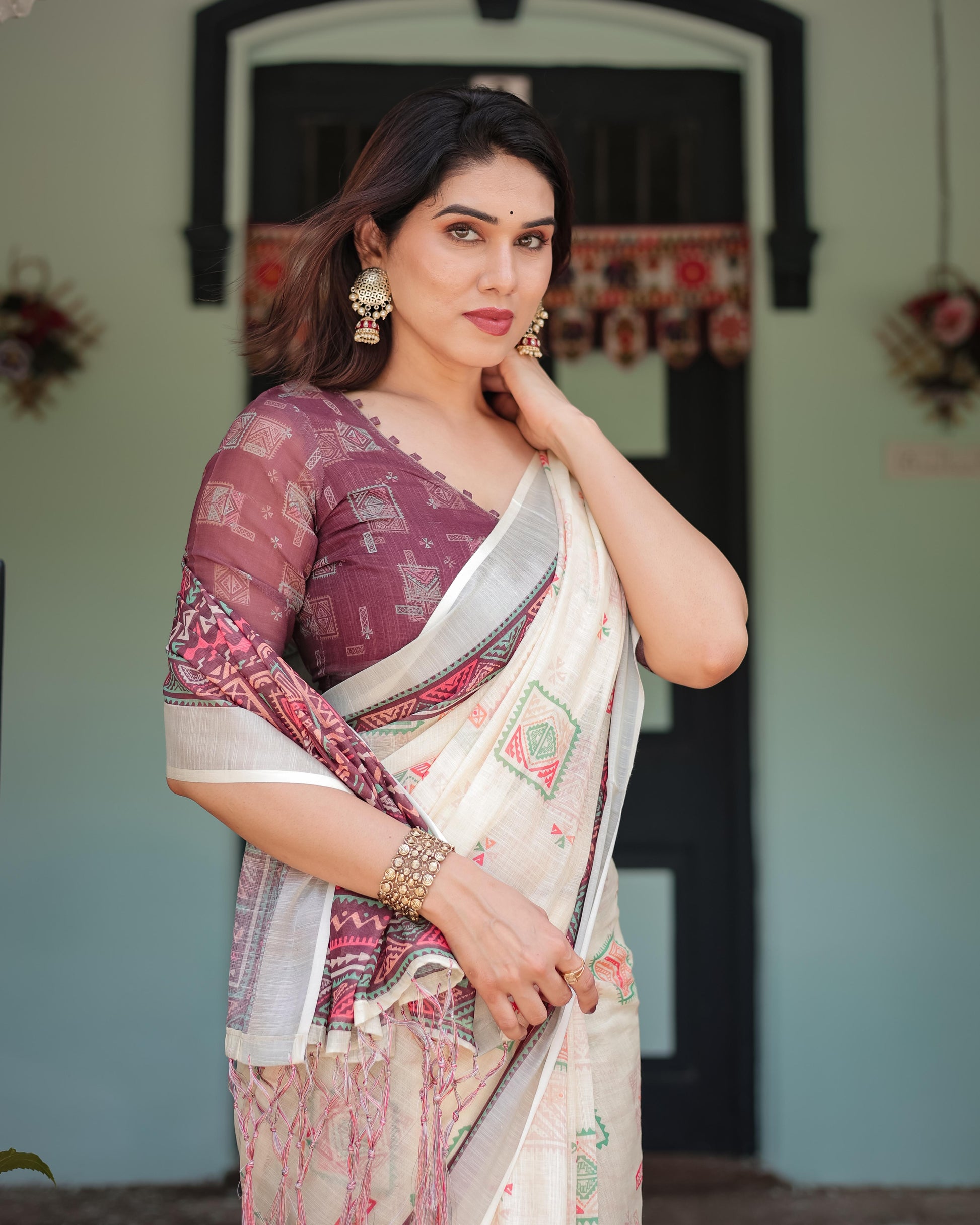 Off-white Pure Cotton Linen Saree Intricate Geometric Pattern and Tassels on Edges With Unstitched Blouse