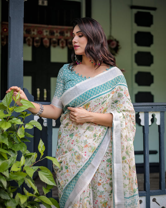 Elegant Floral Printed Pure Cotton Linen Saree in Ivory with Teal Border and , Tassels on Edges With Unstitched Blouse
