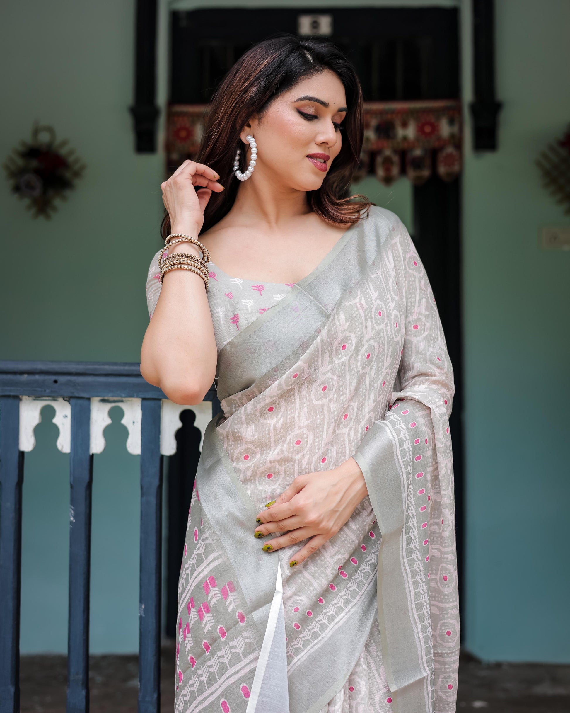 Soft Grey Pure Cotton Linen Saree with Pink and White Ikat Design, , and Tassel Detailing With Unstitched Blouse