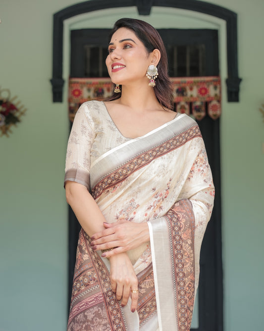 Ivory Beige Linen Printed Saree with Traditional Border Design and Tassel Detailing with Unstitched Blouse for Women