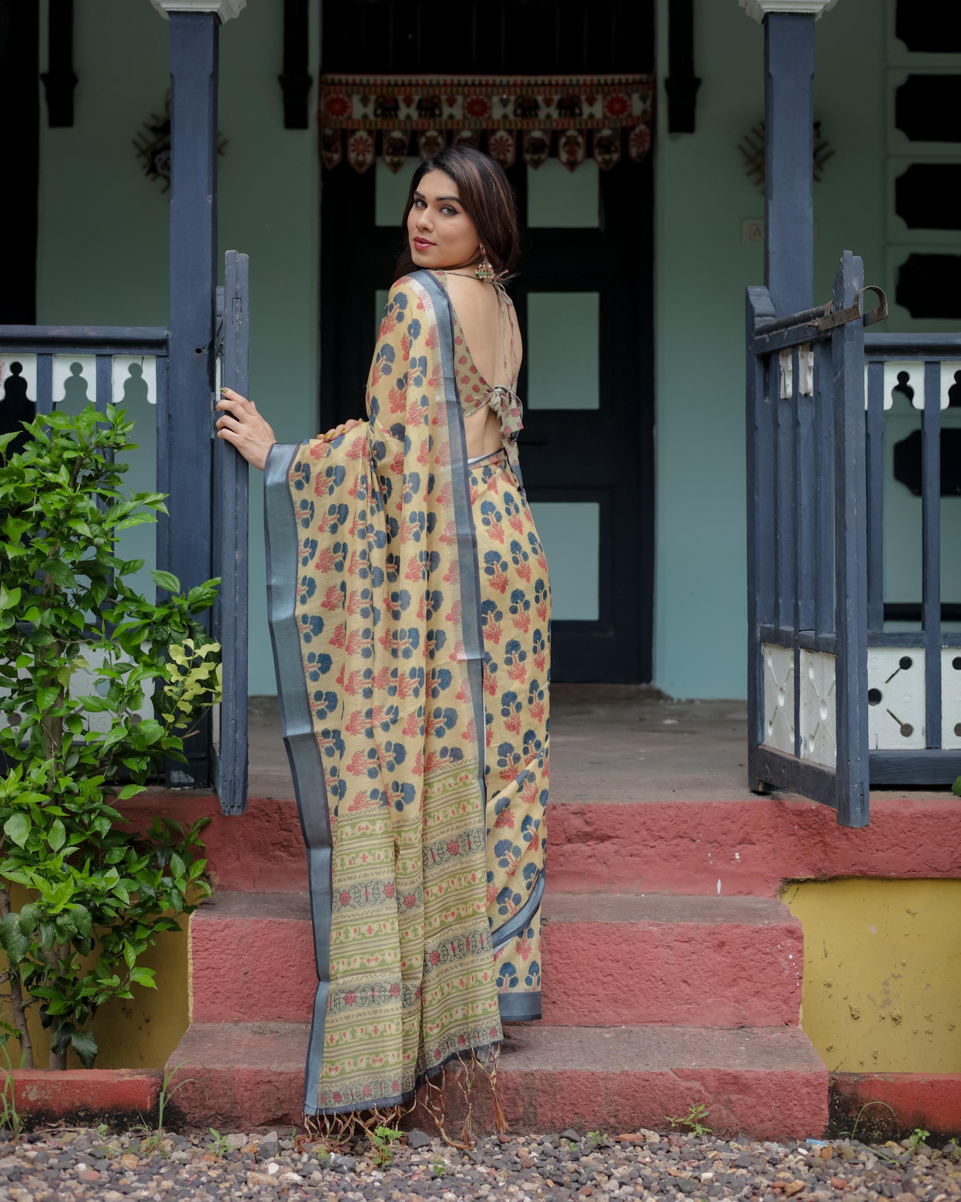 Beige and Charcoal Pure Cotton Linen Saree with Floral Print And Tassel Detailing With Unstitched Blouse