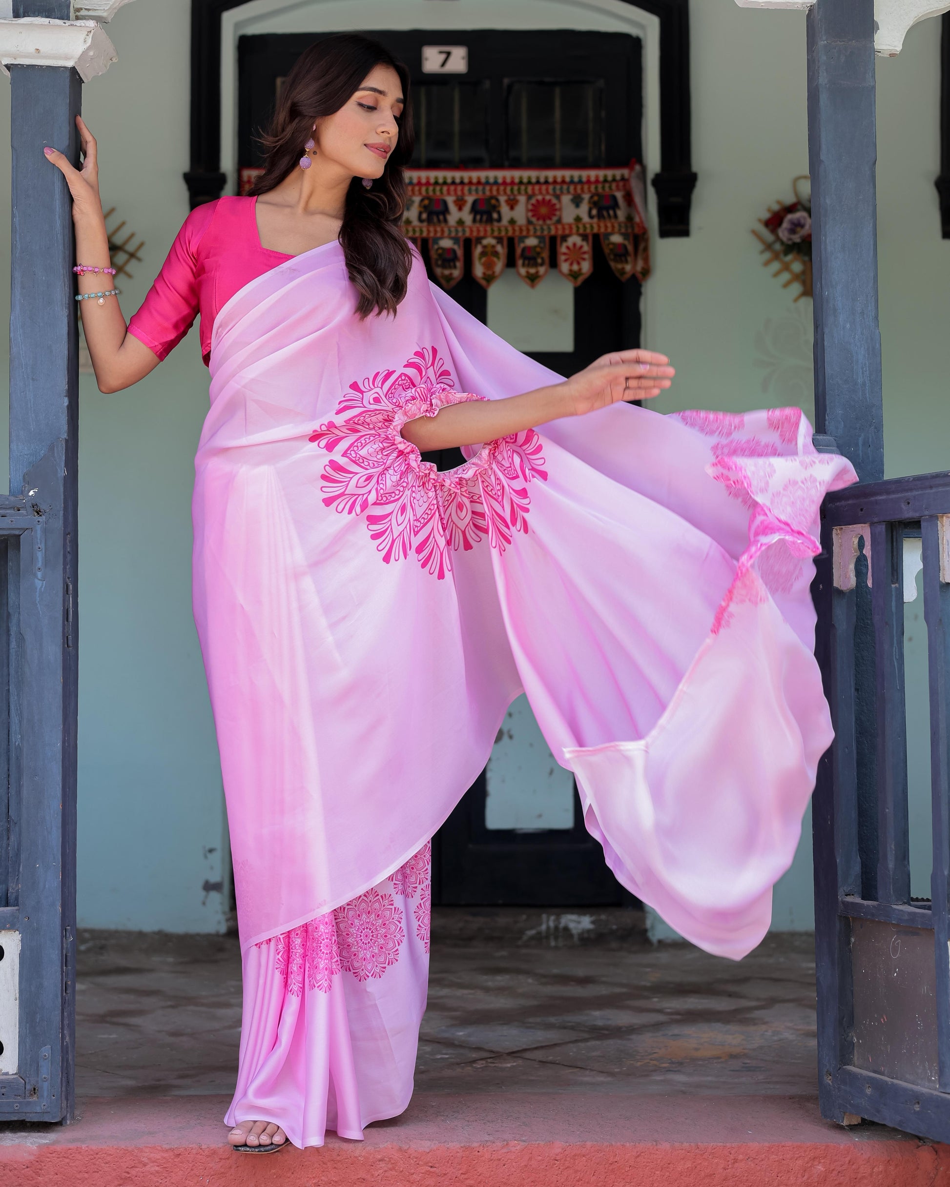 Elegant Baby Pink Satin Feel Saree with Mandala Print & Hot Pink Blouse Designer Partywear Saree with Attached Piece With Unstitched Blouse