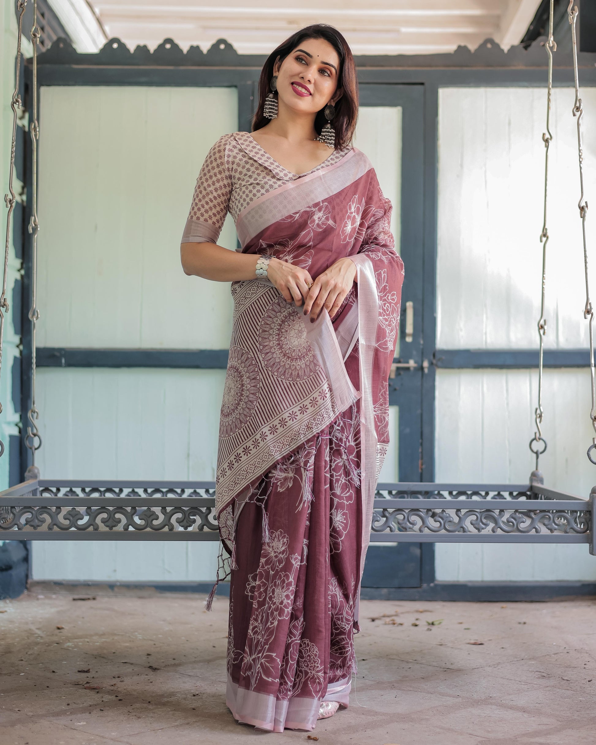 Maroon Floral Printed Pure Cotton Linen Saree and Tassels With Unstitched Blouse
