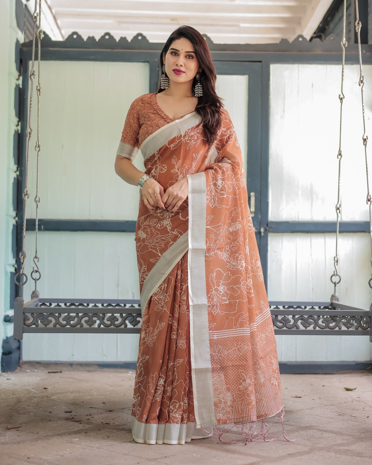 Terracotta Brown Floral Handprinted Pure Cotton Linen Saree Tassels With Unstitched Blouse
