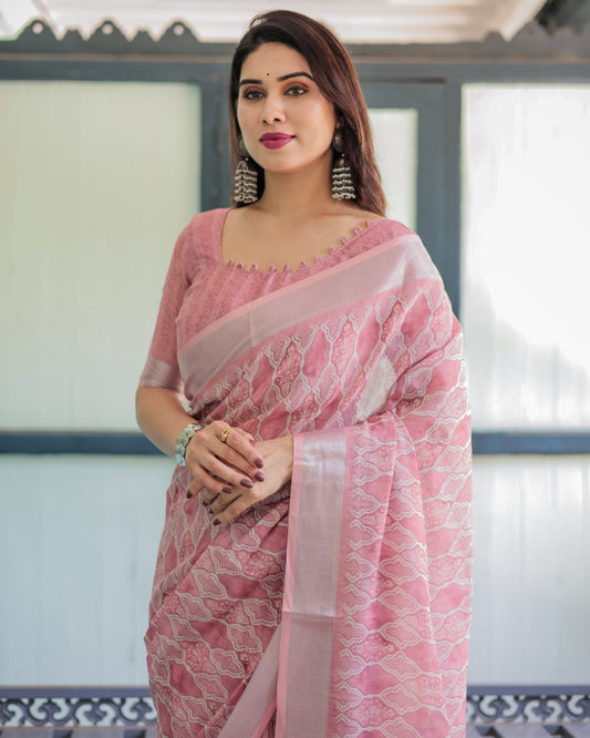 Elegant Rose Pink Pure Cotton Linen Saree with White Thread Work Matching And Tassel Edges With Unstitched Blouse