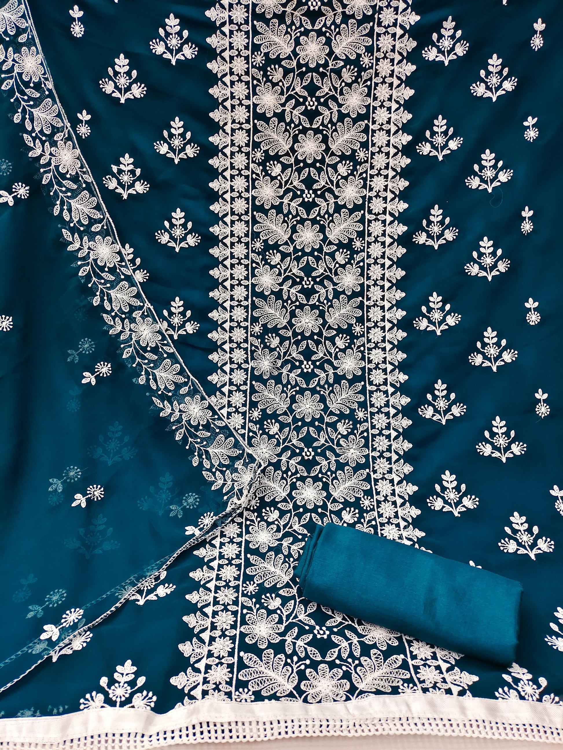 Georgette Embroidery Work Dress Material Set for Women with Santoon Bottom & Inner and Matching Dupatta | Unstitched Salwar Suit Fabric (Top 2m, Bottom & Inner 3.6m, Dupatta 2.1m)