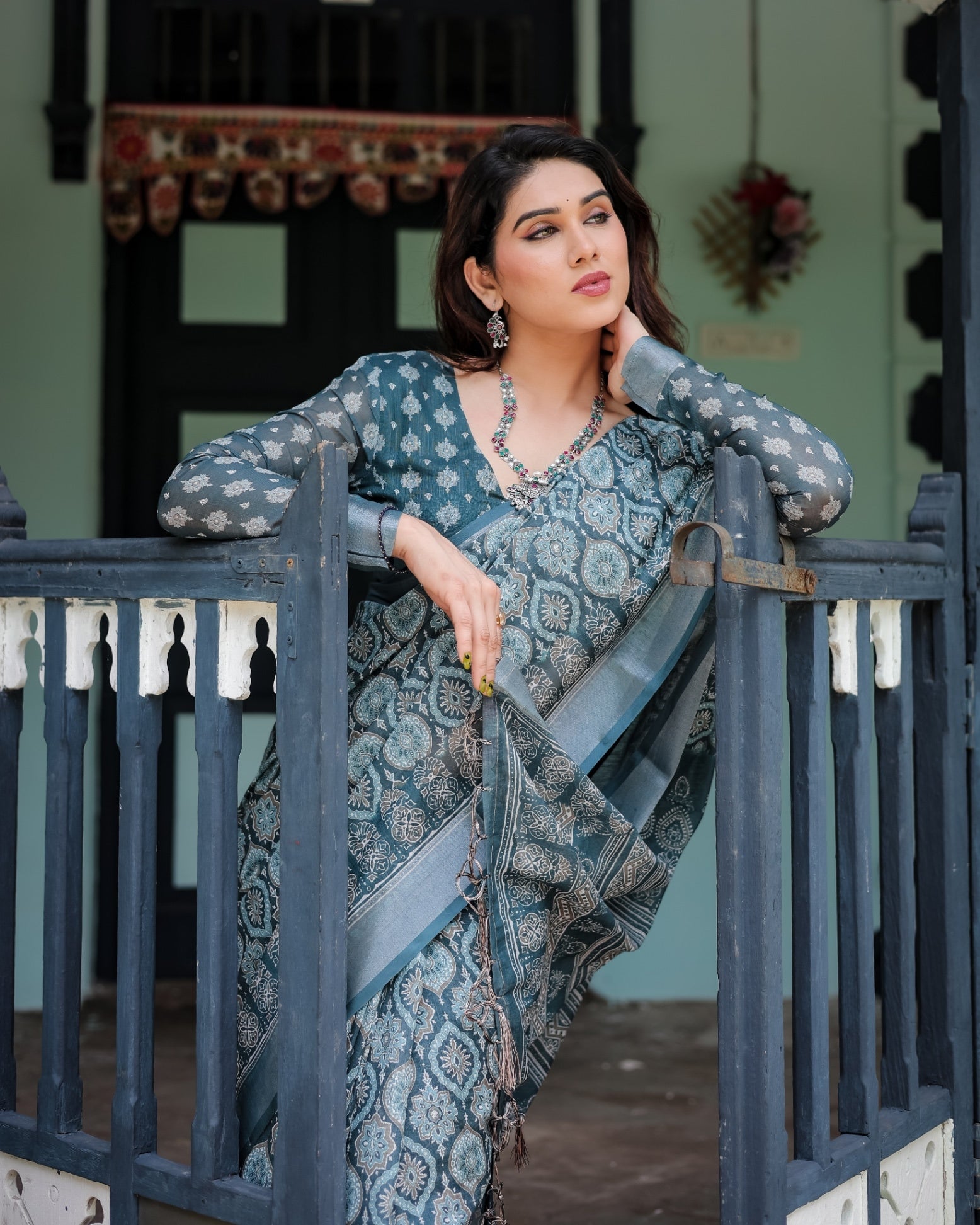 Teal Blue Pure Cotton Linen Saree with Geometric Block Print And Tassel Detailing With Unstitched Blouse