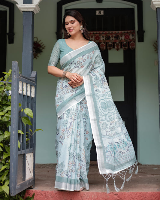 Mint Green Floral Pure Cotton Linen Saree and Tassels With Unstitched Blouse