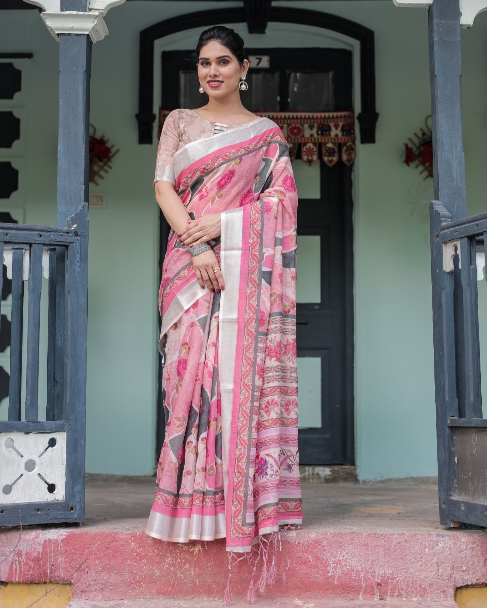 Dusty Pink Linen Floral Printed Saree with Elegant Border and Tassel Detailing with Unstitched Blouse for Women