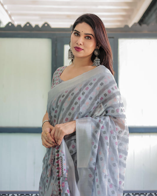Grey Pastel Geometric & Floral Print Pure Cotton Linen Saree and Tassels With Unstitched Blouse