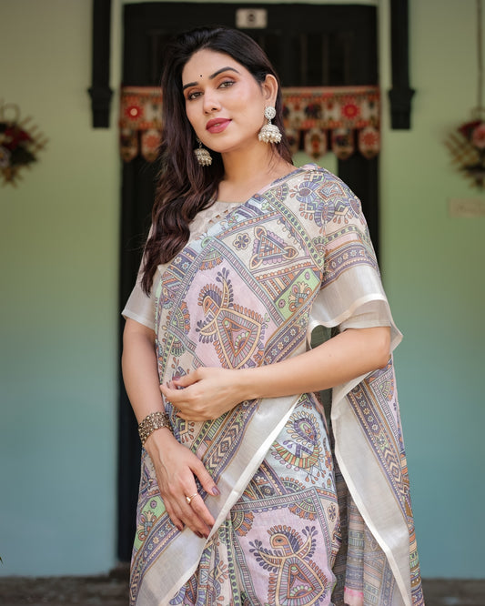 Cream and Pastel Multicolour Printed Pure Cotton Linen Saree and Tassels on Edges With Unstitched Blouse