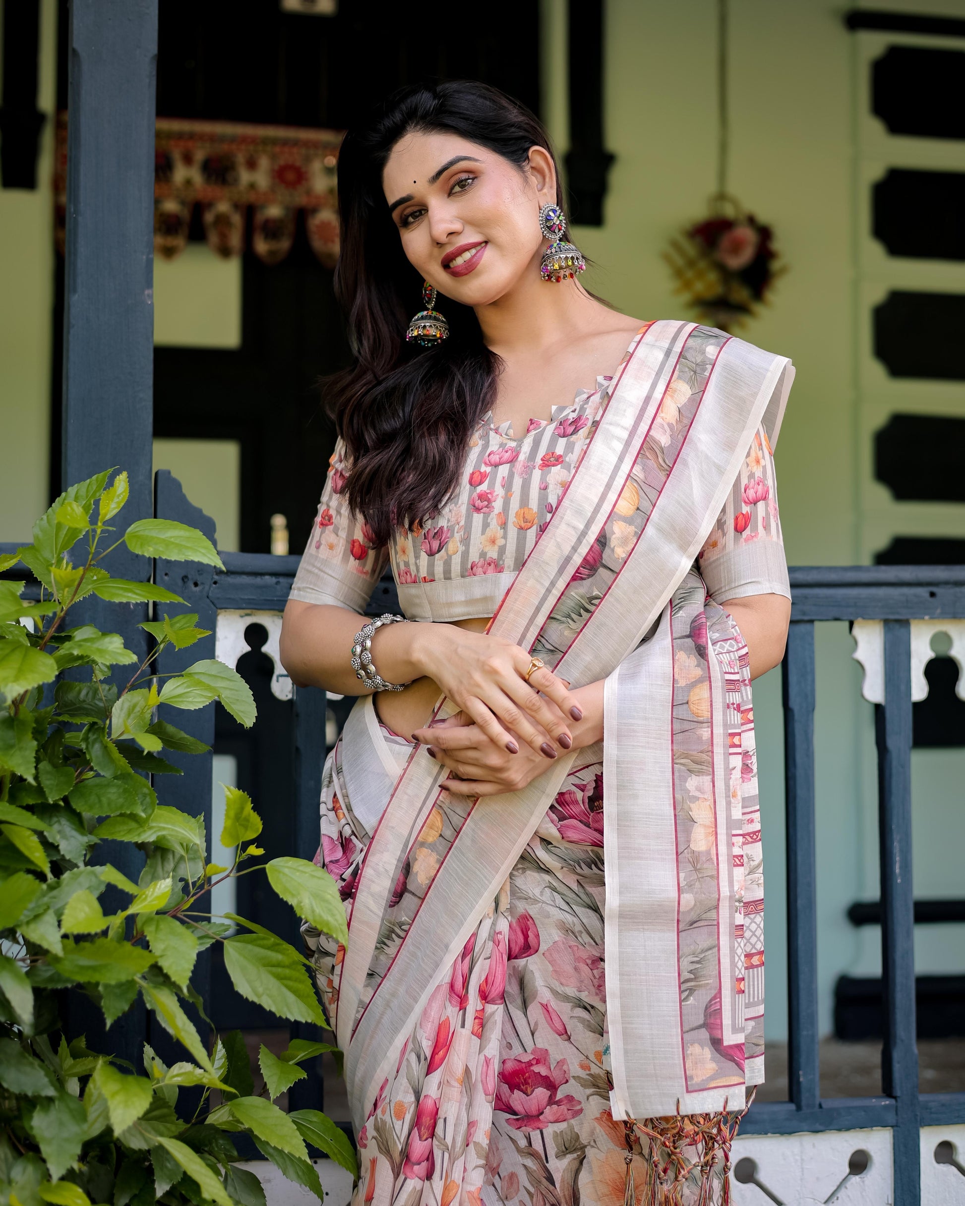 Elegant Floral Print Pure Cotton Linen Saree in Ivory with Multicolor Florals and Tassels With Unstitched Blouse