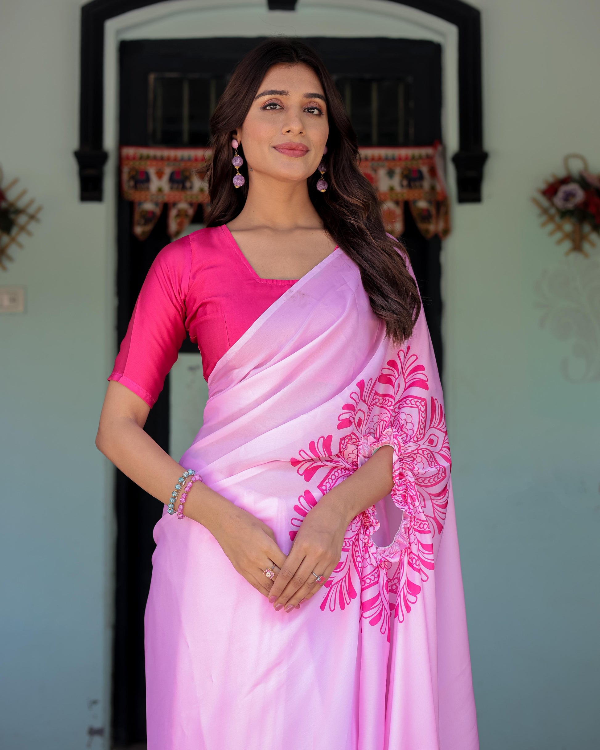 Elegant Baby Pink Satin Feel Saree with Mandala Print & Hot Pink Blouse Designer Partywear Saree with Attached Piece With Unstitched Blouse