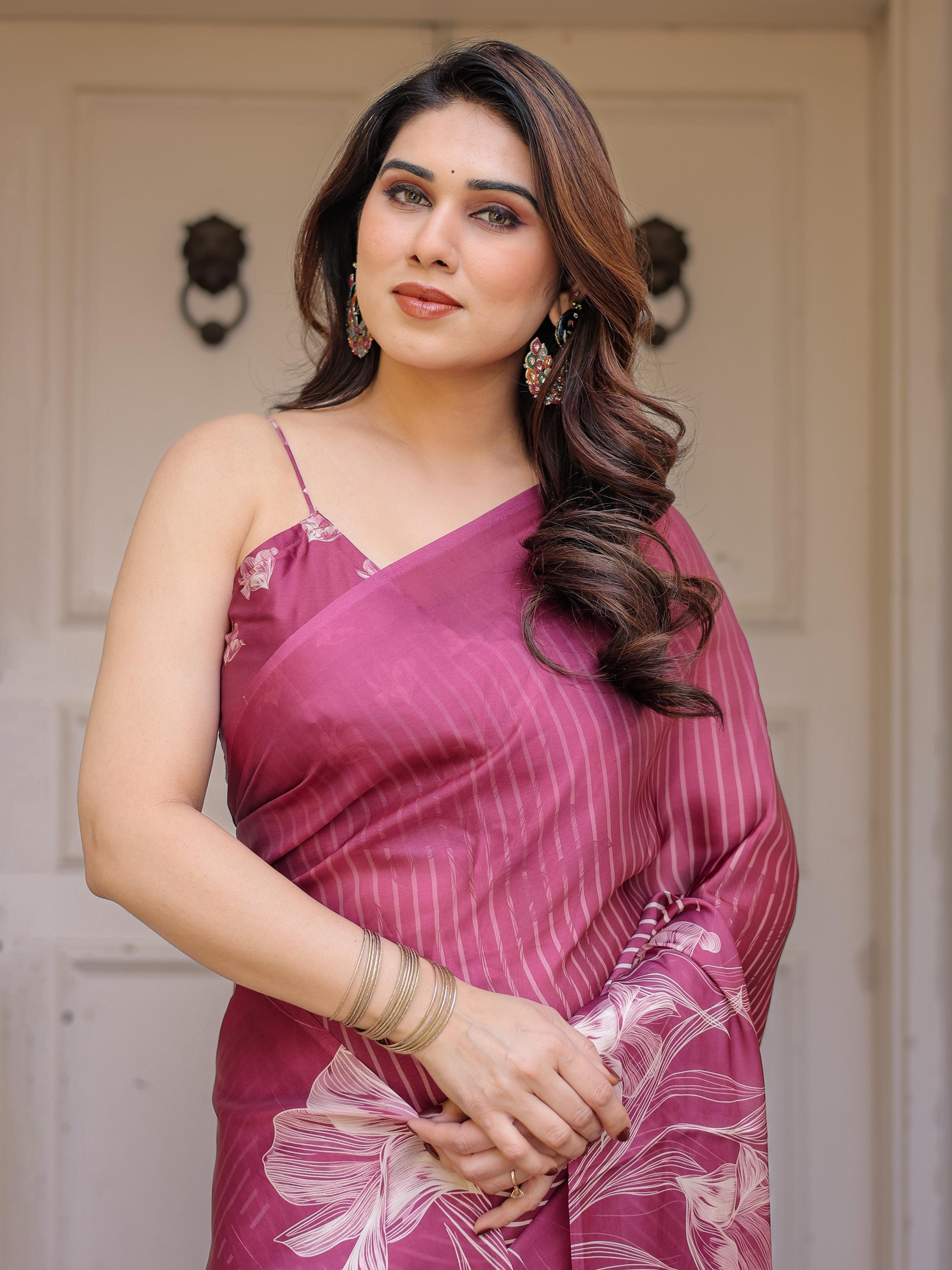 Wine Pink Stripe Print Satin Georgette Saree with Designer Blouse | Elegant Party Wear Saree