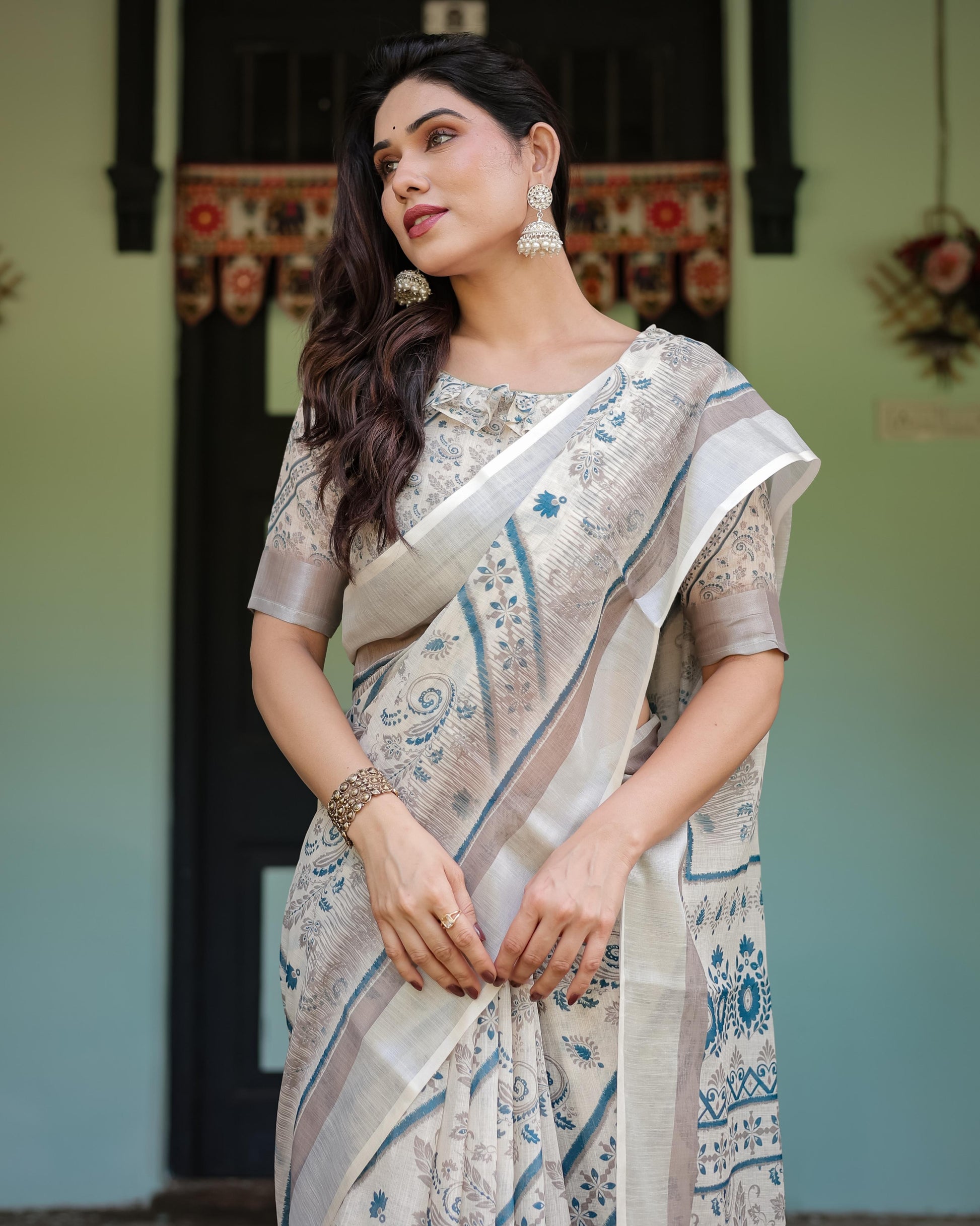 Beige and Blue Floral Printed Pure Cotton Linen Saree and Tassels With Unstitched Blouse