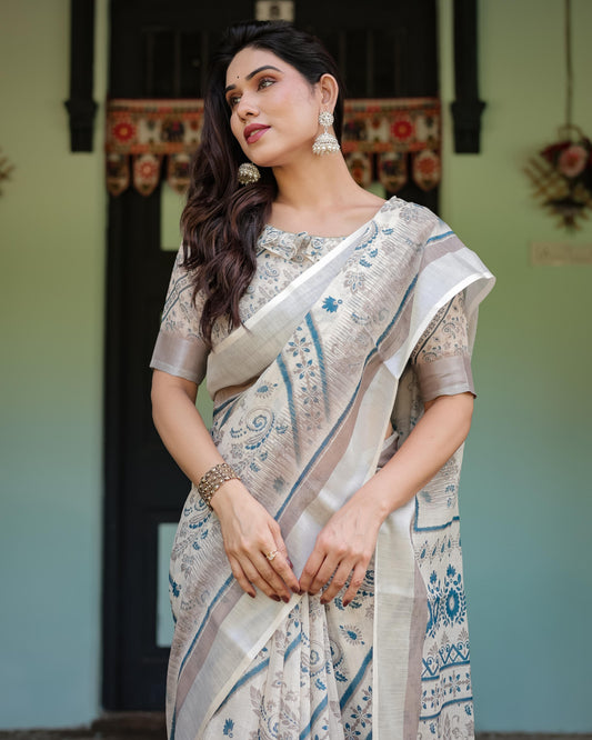Beige and Blue Floral Printed Pure Cotton Linen Saree and Tassels With Unstitched Blouse