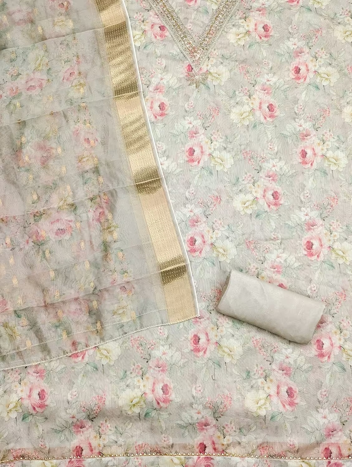 Heavy Modal Floral Print Dress Material Set with Khatli Work for Women with Santoon Bottom & Inner and Banarasi Jacquard Digital Print Dupatta