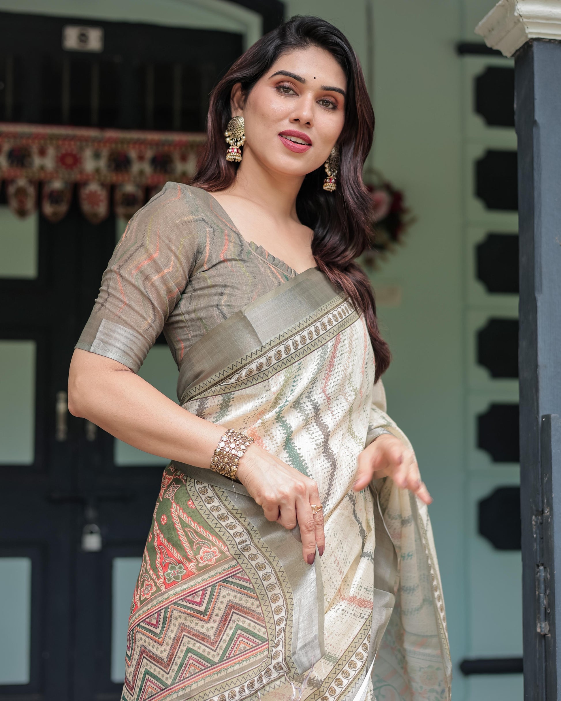 Cream and Olive Green Linen Printed Saree with Ethnic Pattern Border and Tassel Detailing with Unstitched Blouse for Women