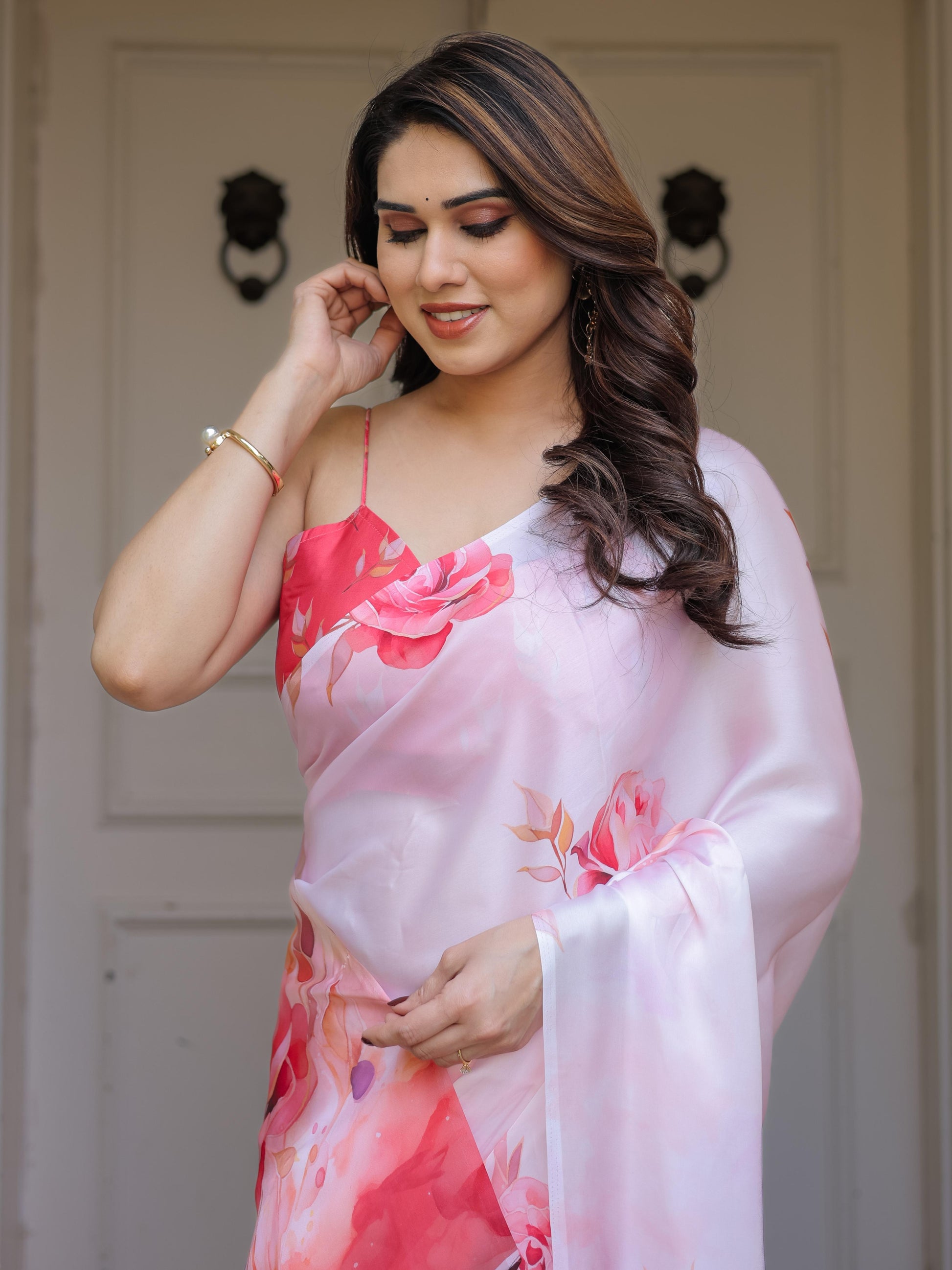 Baby Pink Floral Print Satin Georgette Saree with Designer Blouse for Women | Elegant Party Wear Saree