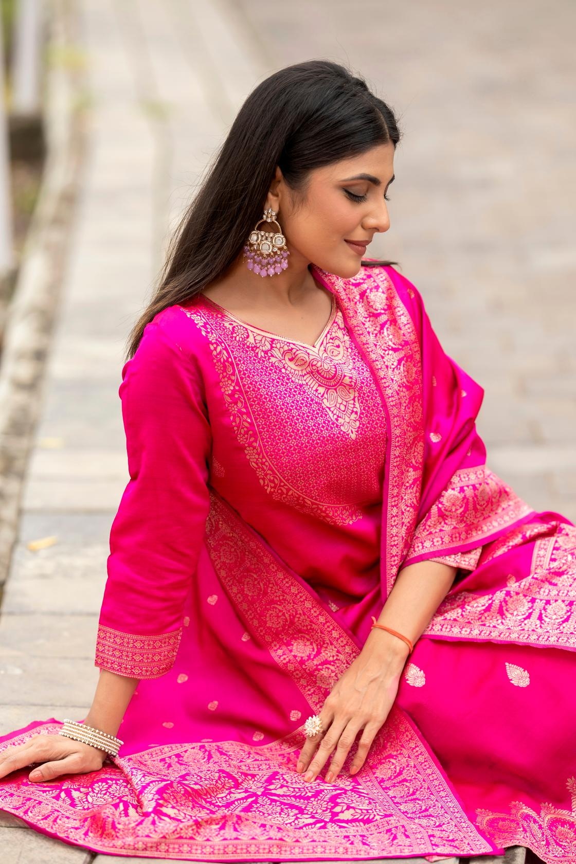 Women's Ethnic Kurta Set with Dupatta | Jacquard Work | Ready-to-Wear Suit Set