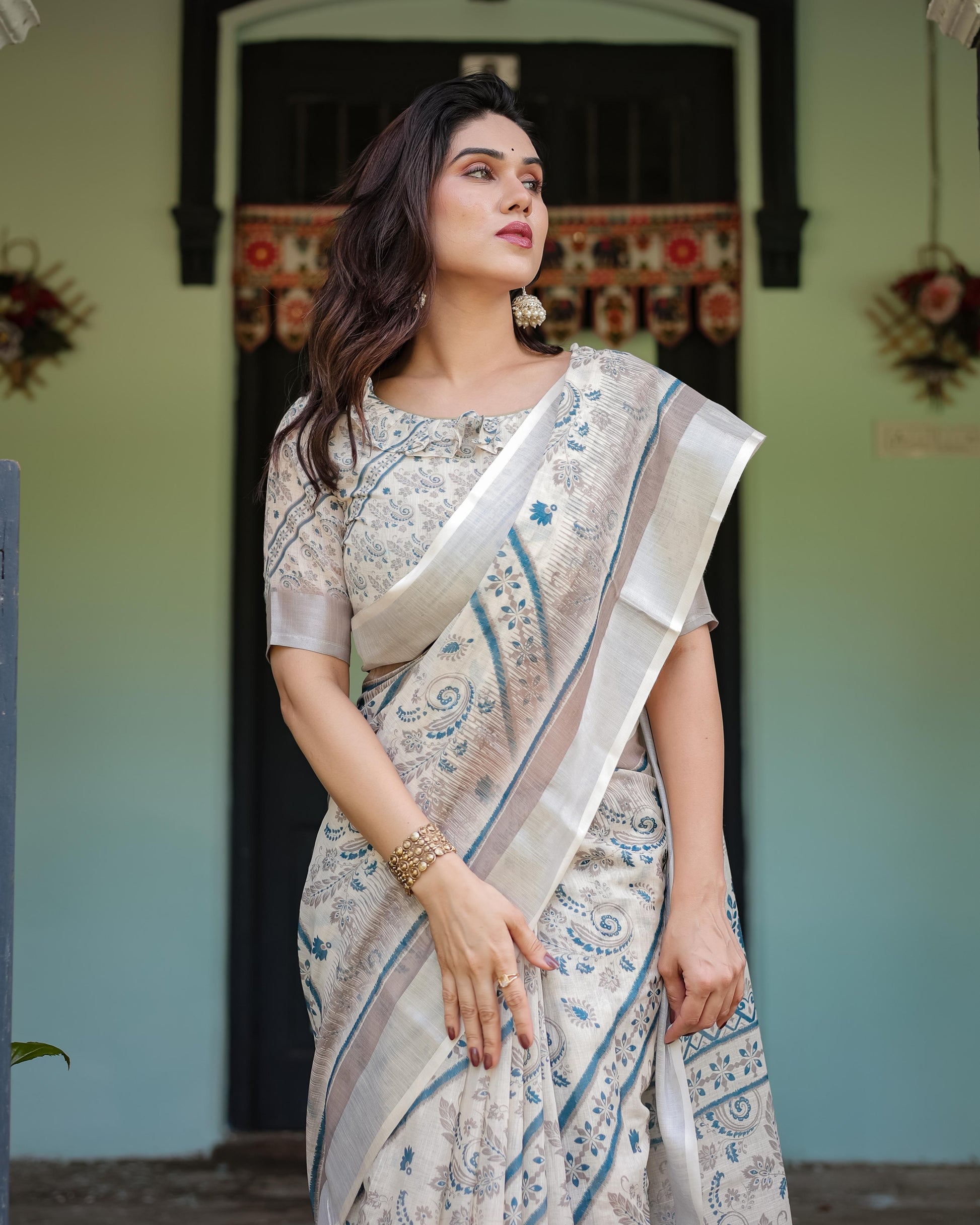Beige and Blue Floral Printed Pure Cotton Linen Saree and Tassels With Unstitched Blouse
