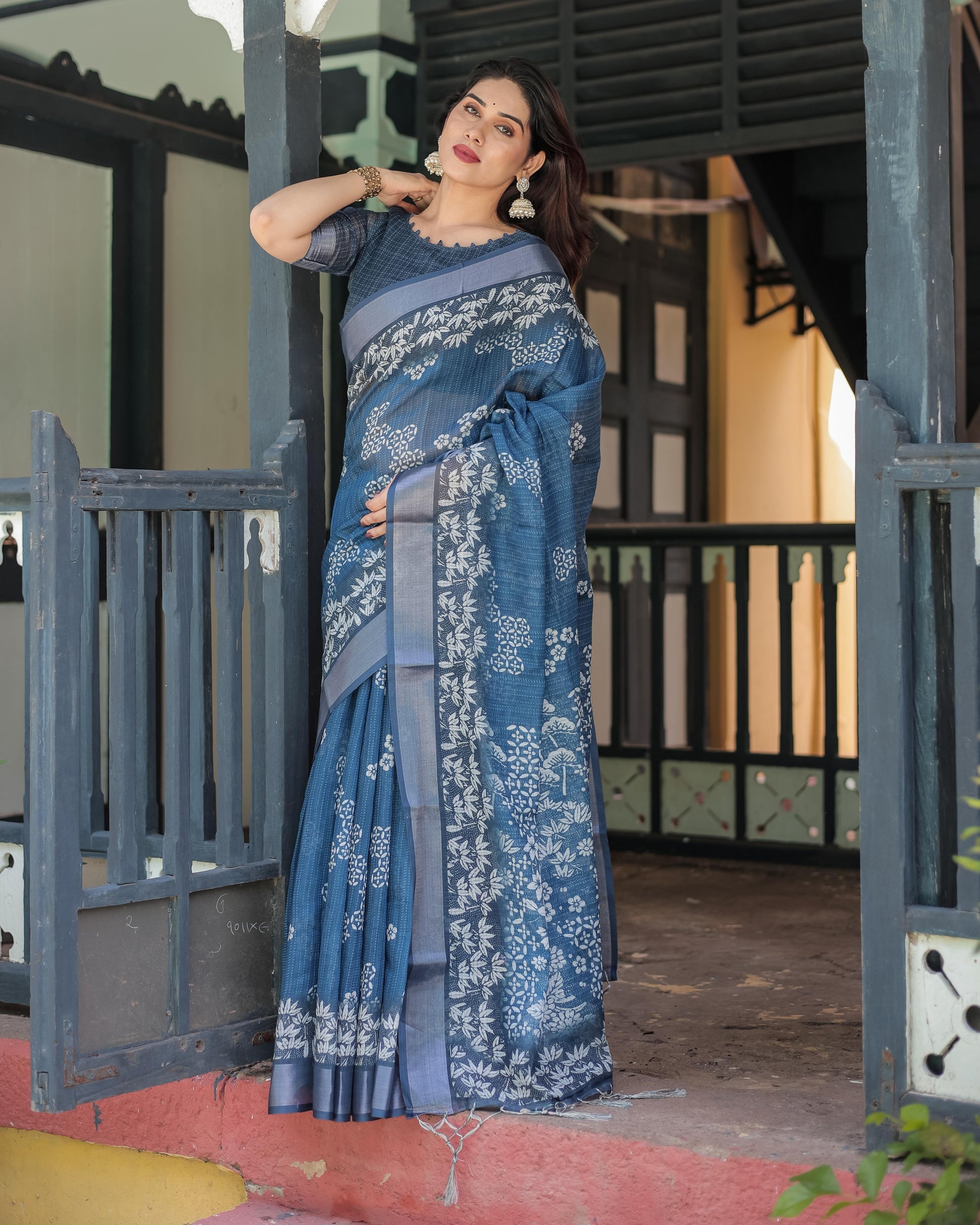 Steel Blue Linen Floral Printed Saree with Elegant Border Design and Tassel Detailing with Unstitched Blouse for Women