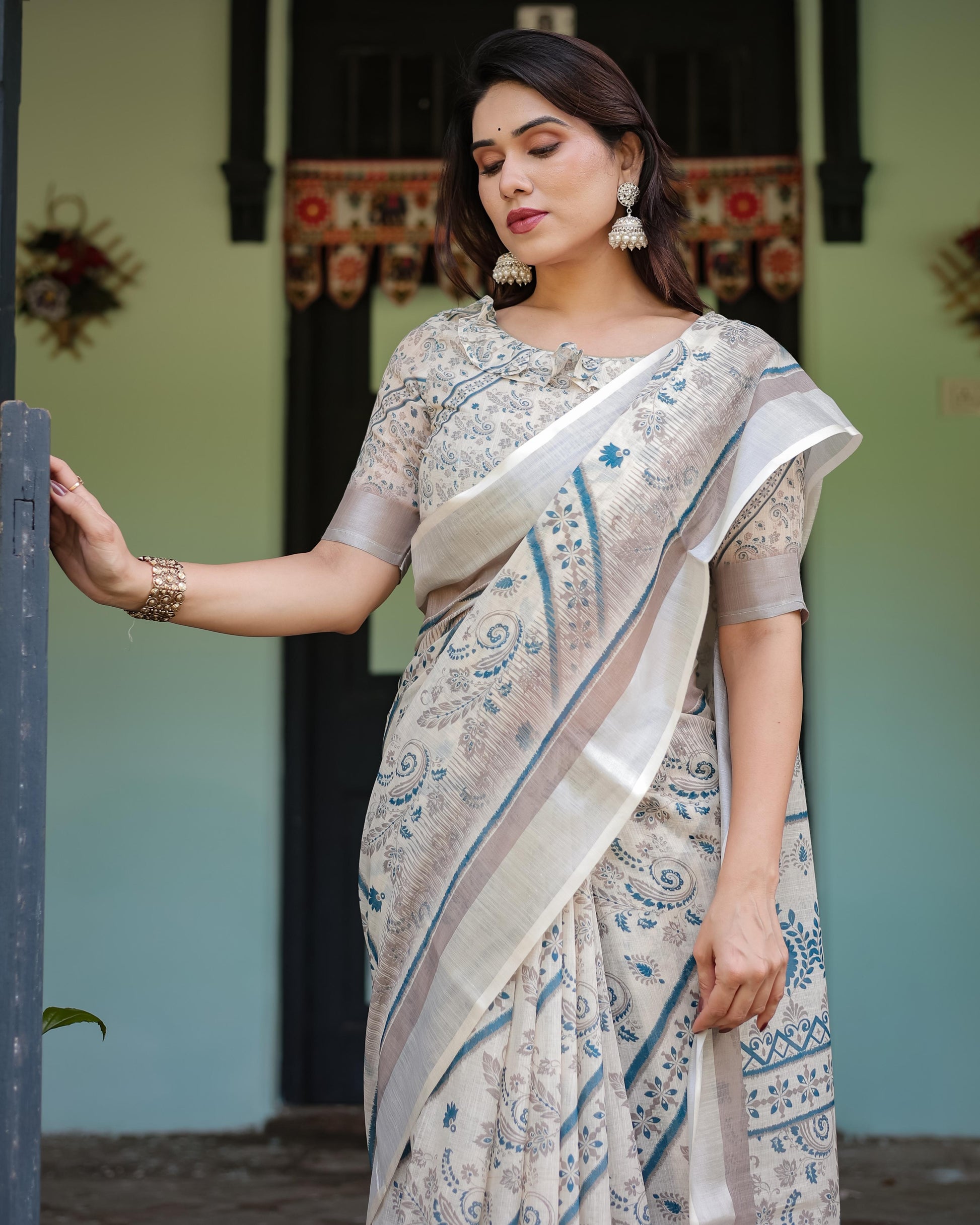 Beige and Blue Floral Printed Pure Cotton Linen Saree and Tassels With Unstitched Blouse