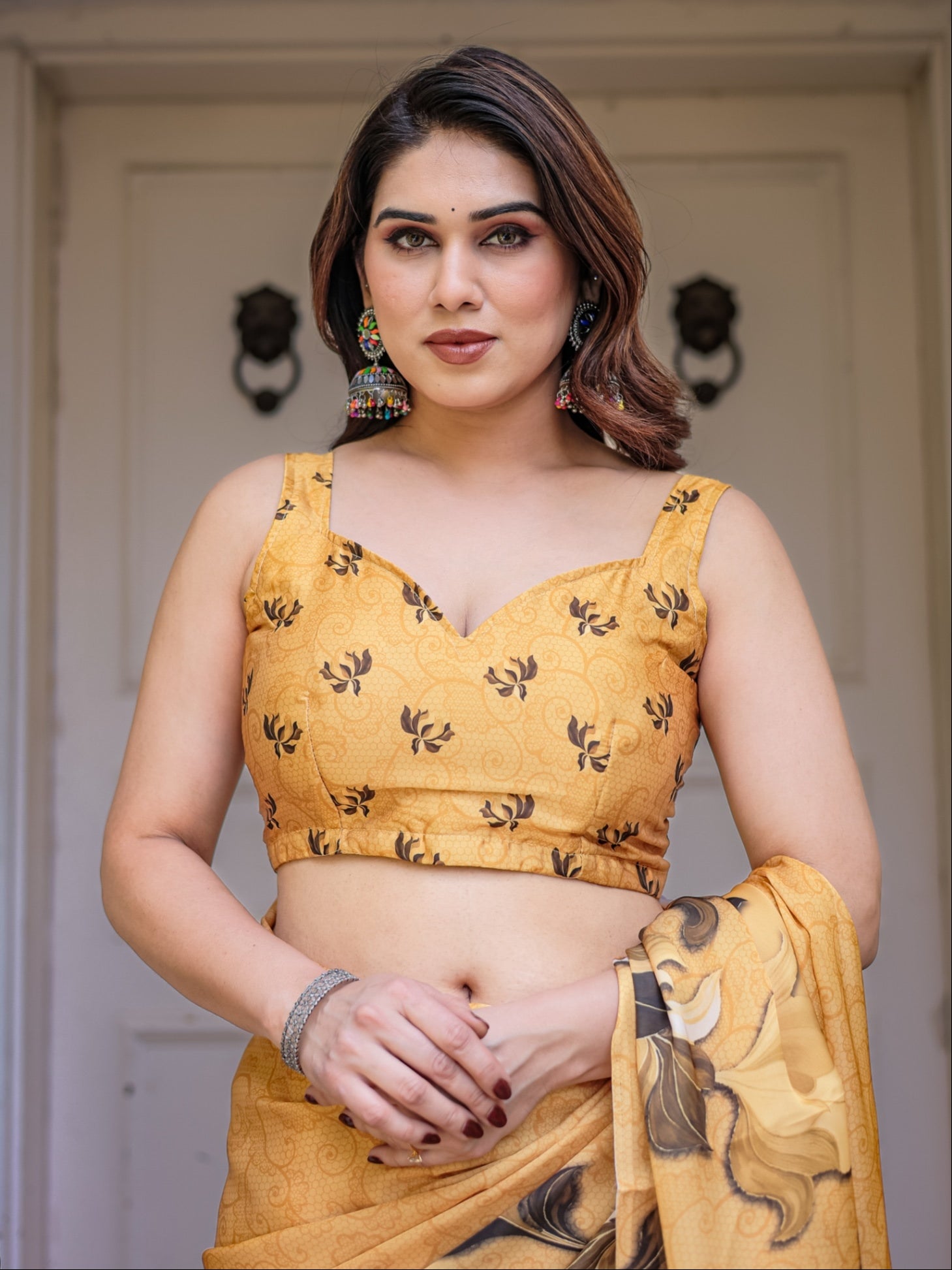 Mustard Floral Printed Satin Georgette Saree for Women with Designer Blouse | Elegant Soft Party Wear Saree