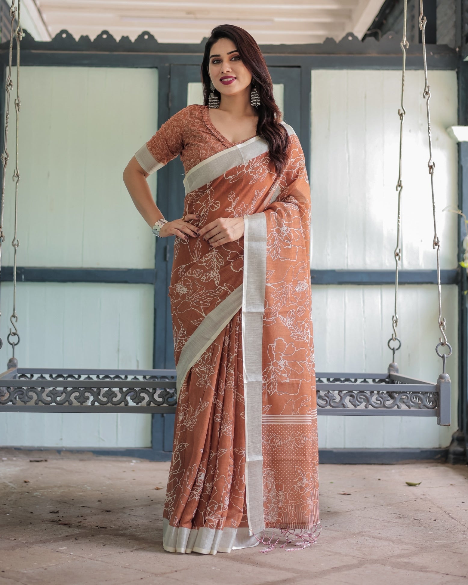Terracotta Brown Floral Handprinted Pure Cotton Linen Saree Tassels With Unstitched Blouse