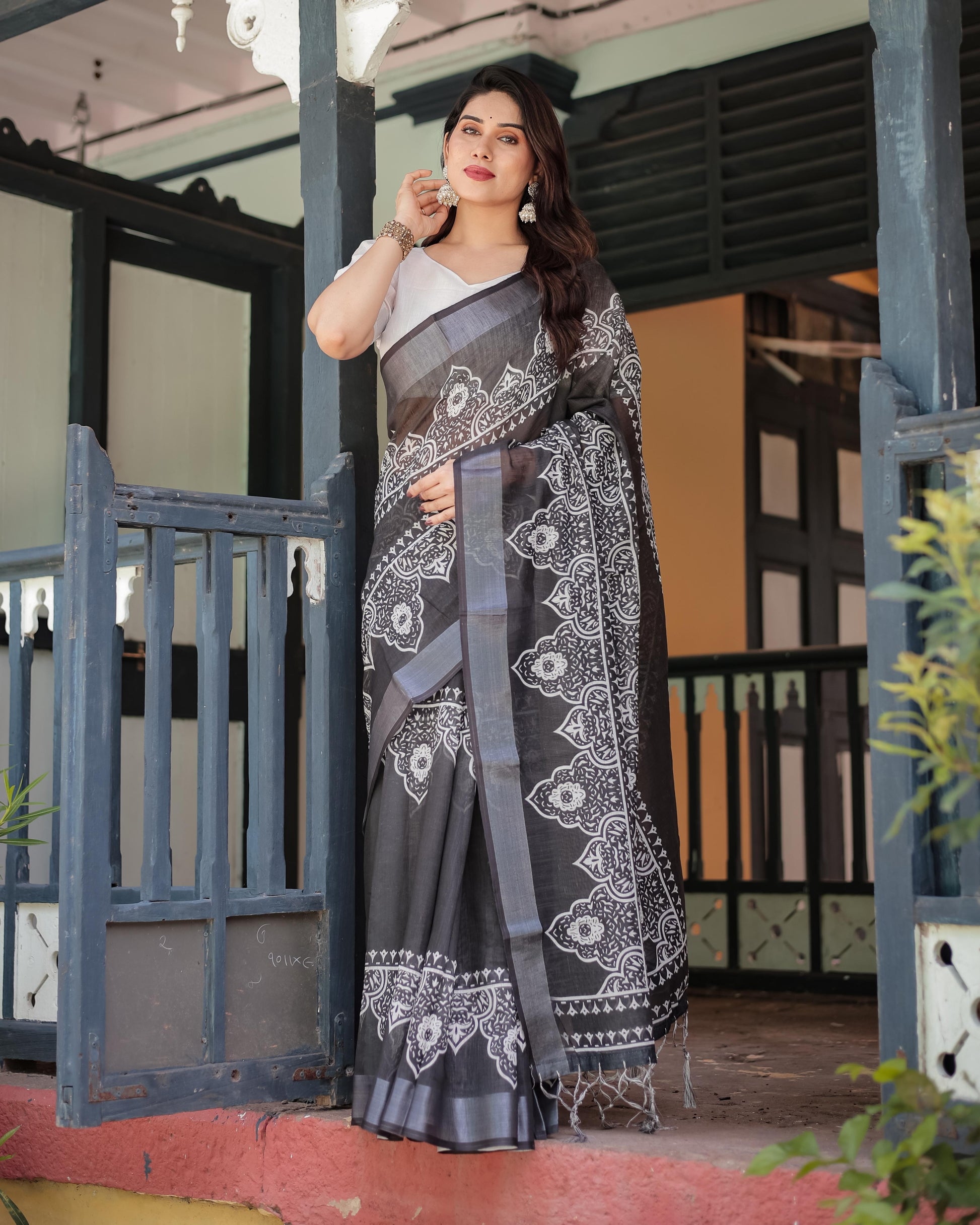 Black and White Pure Cotton Linen Saree Intricate Floral Design and Tassels on Edges With Unstitched Blouse