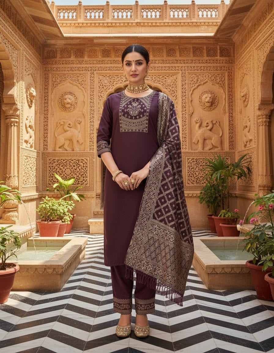 Women's Rayon Slub Embroidered Kurta Set with Bottom & Jacquard Dupatta | Stitched Ethnic Wear for Women