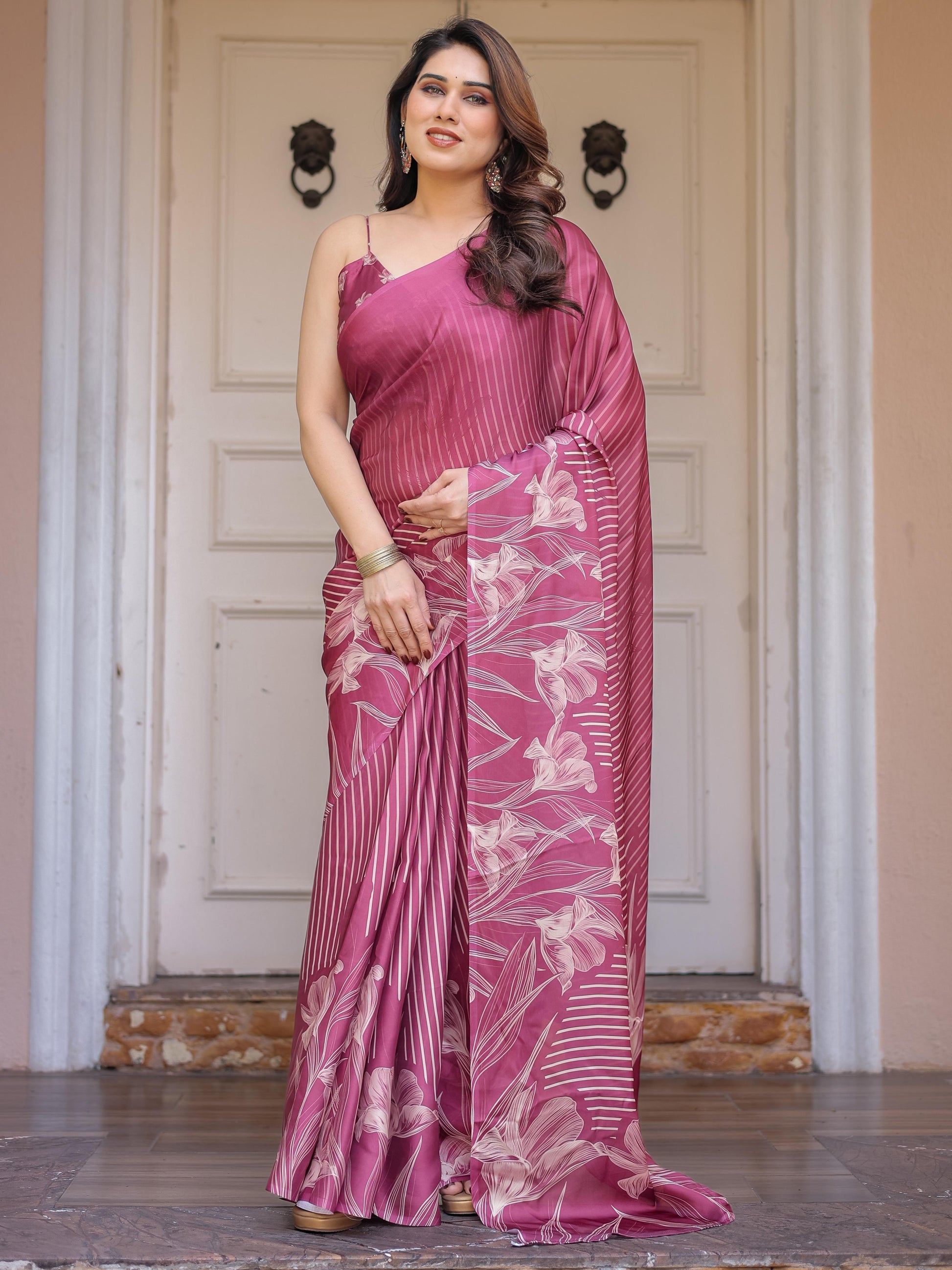 Wine Pink Stripe Print Satin Georgette Saree with Designer Blouse | Elegant Party Wear Saree