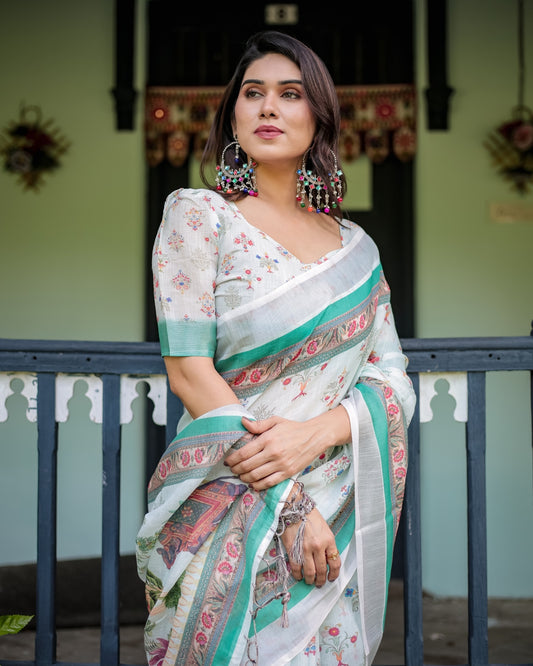 Ivory Pure Cotton Linen Saree Elephant Motif and Floral Pattern, Green and Pink Borders, and Tassels on Edges. With Unstitched Blouse