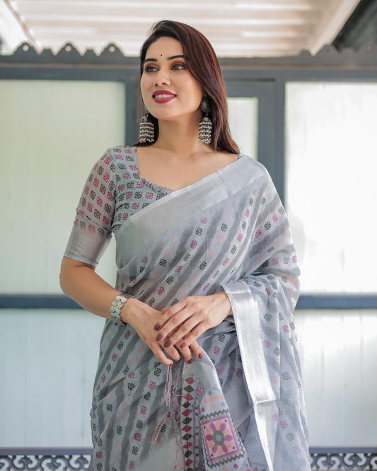 Grey Pastel Geometric & Floral Print Pure Cotton Linen Saree and Tassels With Unstitched Blouse