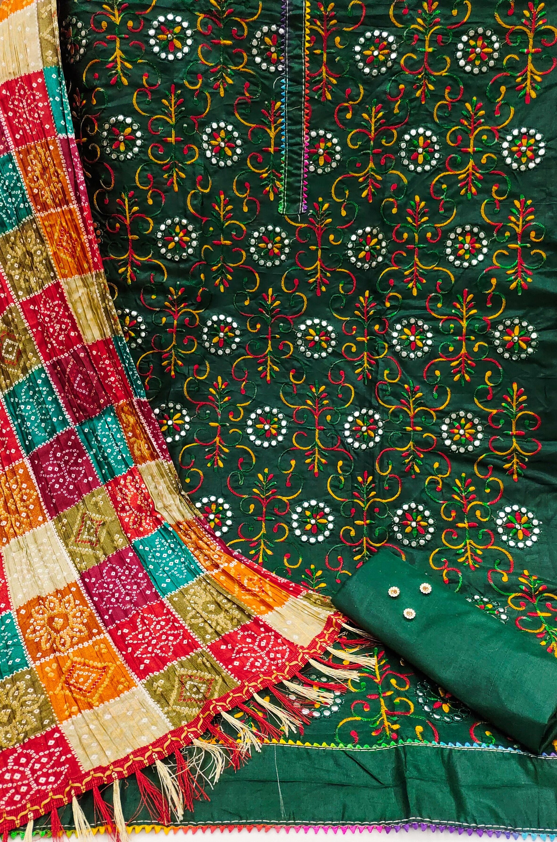 Cotton Dress Material Set for Women with Chinon Bandhani Print Dupatta | Unstitched Salwar Suit Fabric (Top 1.9m, Bottom 2m, Dupatta 2.1m)