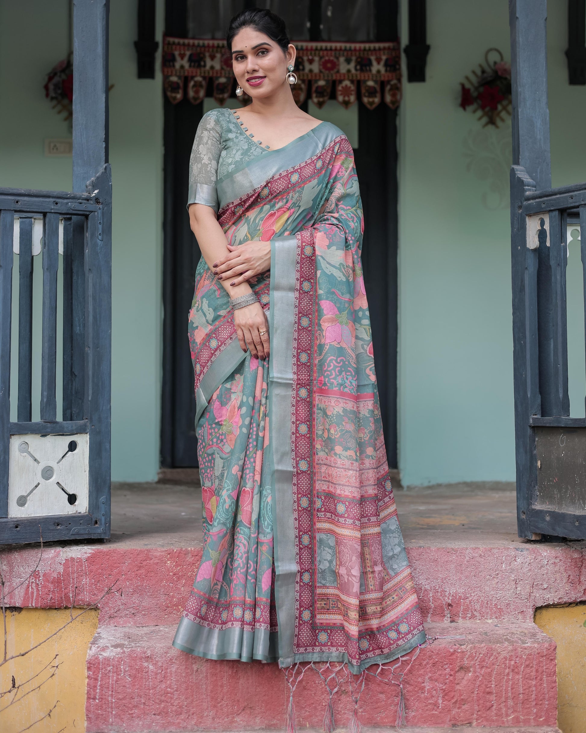 Sage Green Linen Printed Saree with Traditional Border Design and Tassel Detailing with Unstitched Blouse for Women