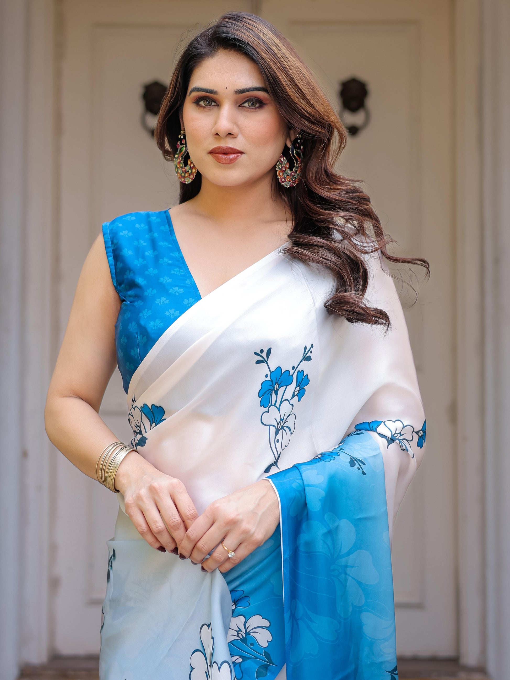 White Blue Floral Printed Satin Georgette Saree for Women with Designer Blouse | Elegant Soft Party Wear Saree
