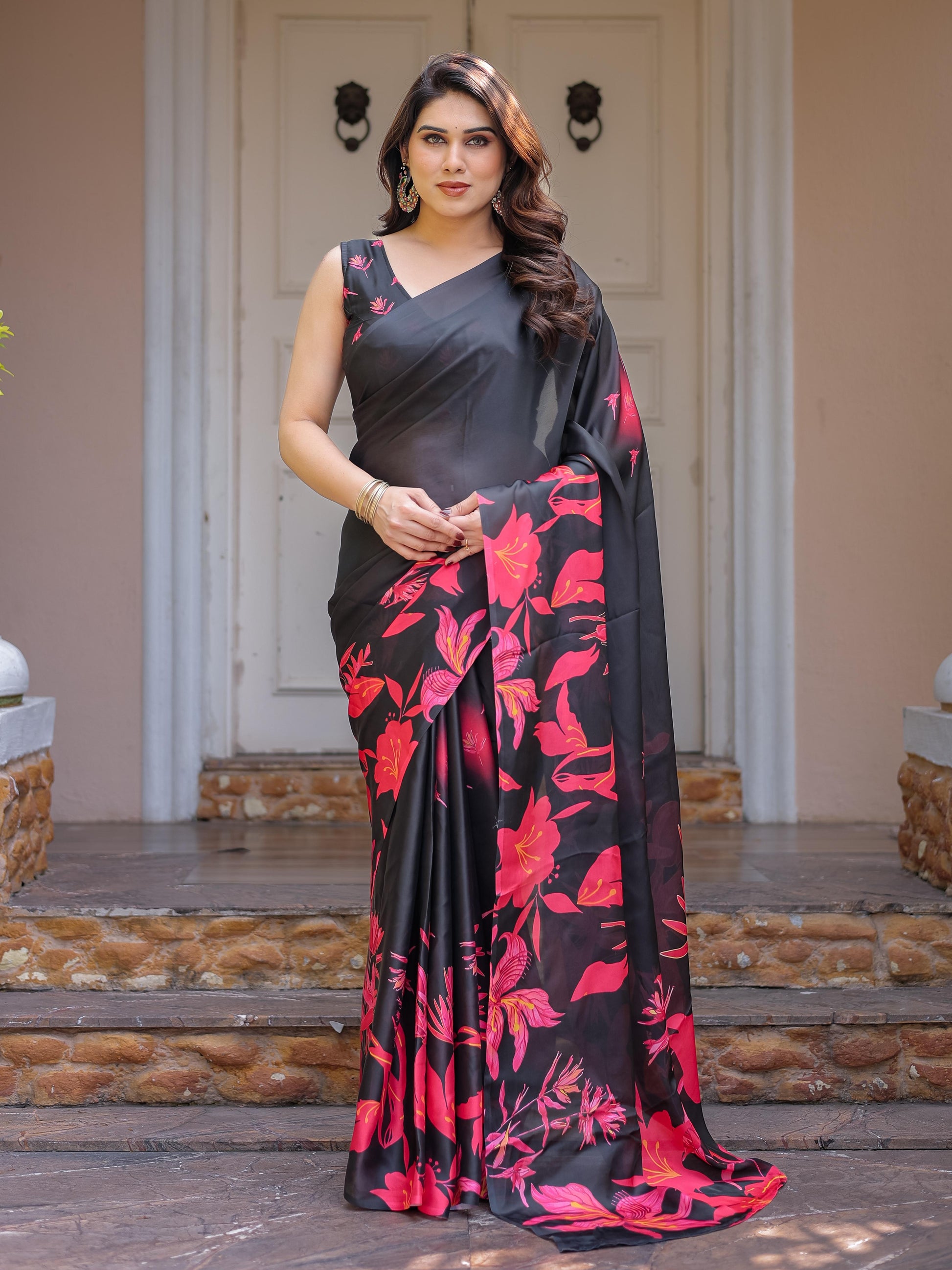 Black Red Floral Printed Satin Georgette Saree for Women with Designer Blouse | Elegant Party Wear Saree