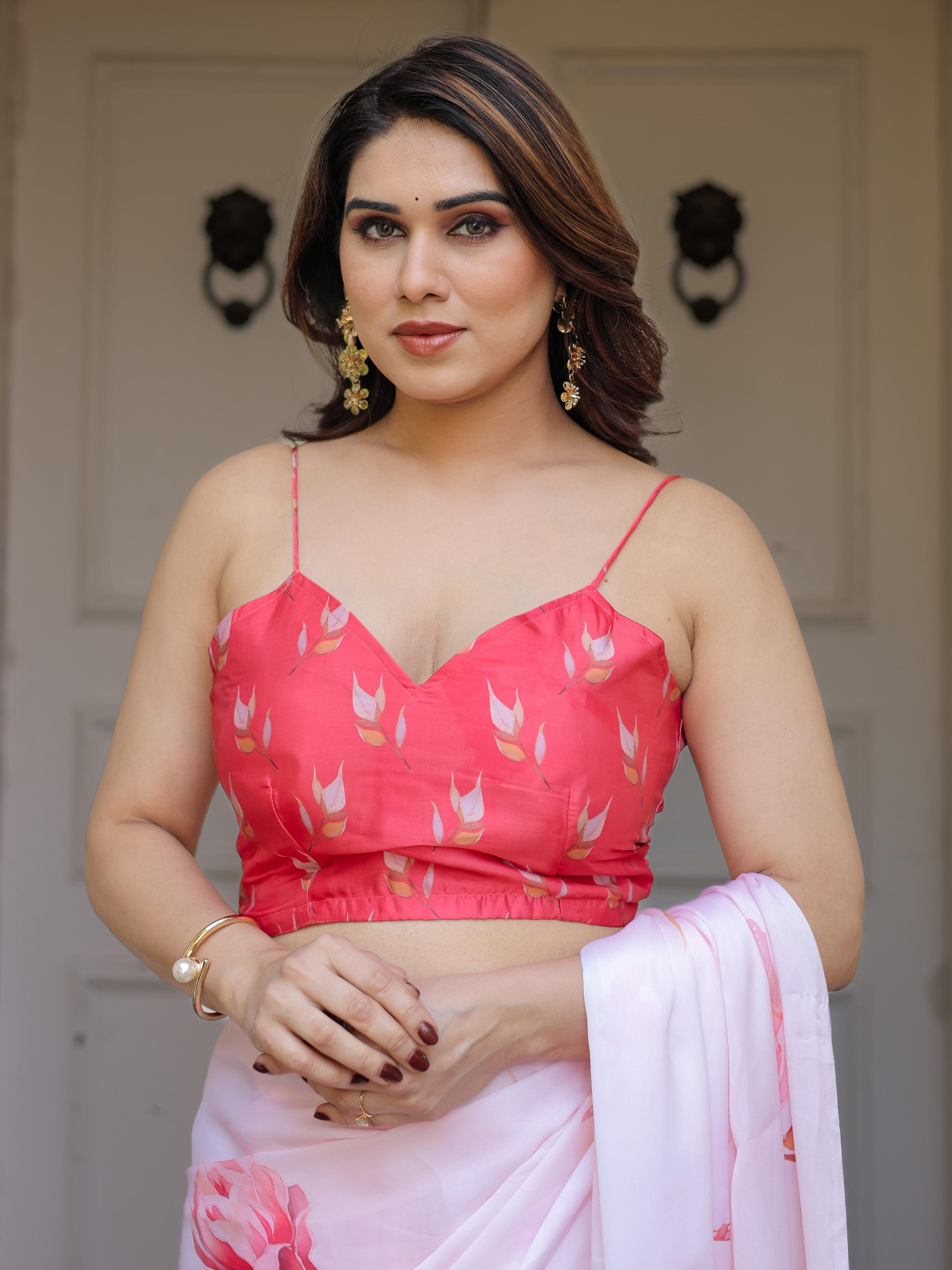 Baby Pink Floral Print Satin Georgette Saree with Designer Blouse for Women | Elegant Party Wear Saree