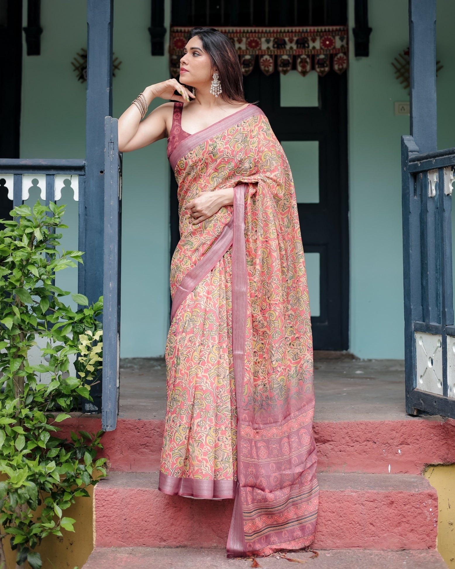 Beige and Rust Pure Cotton Linen Saree with Tribal Block Print And Tassel Detailing With Unstitched Blouse