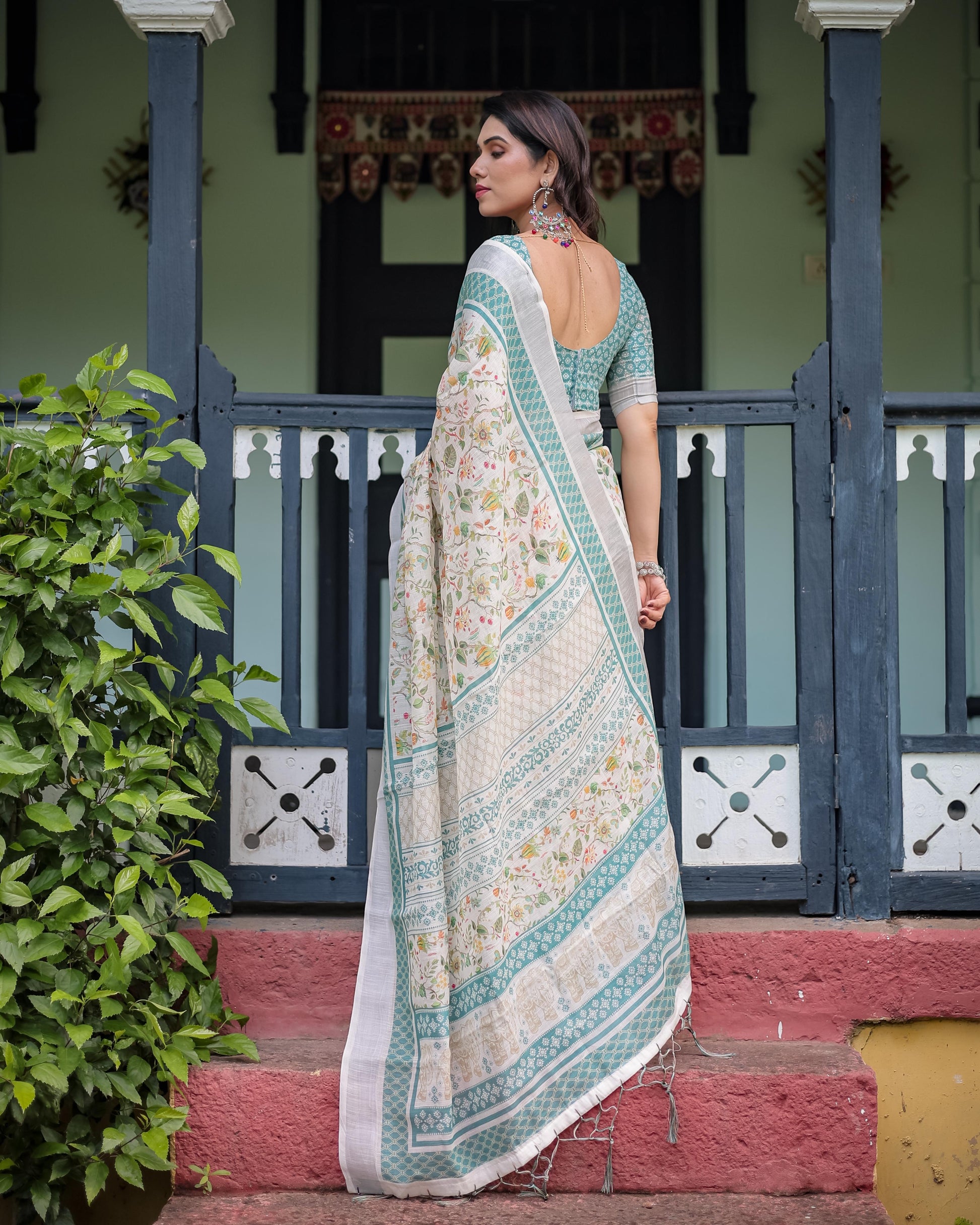 Elegant Floral Printed Pure Cotton Linen Saree in Ivory with Teal Border and , Tassels on Edges With Unstitched Blouse