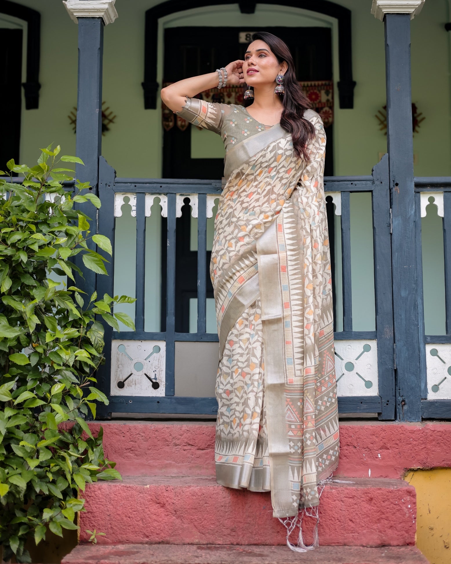 Beige Pure Cotton Linen Saree with Geometric and Leaf Pattern And Tassels With Unstitched Blouse