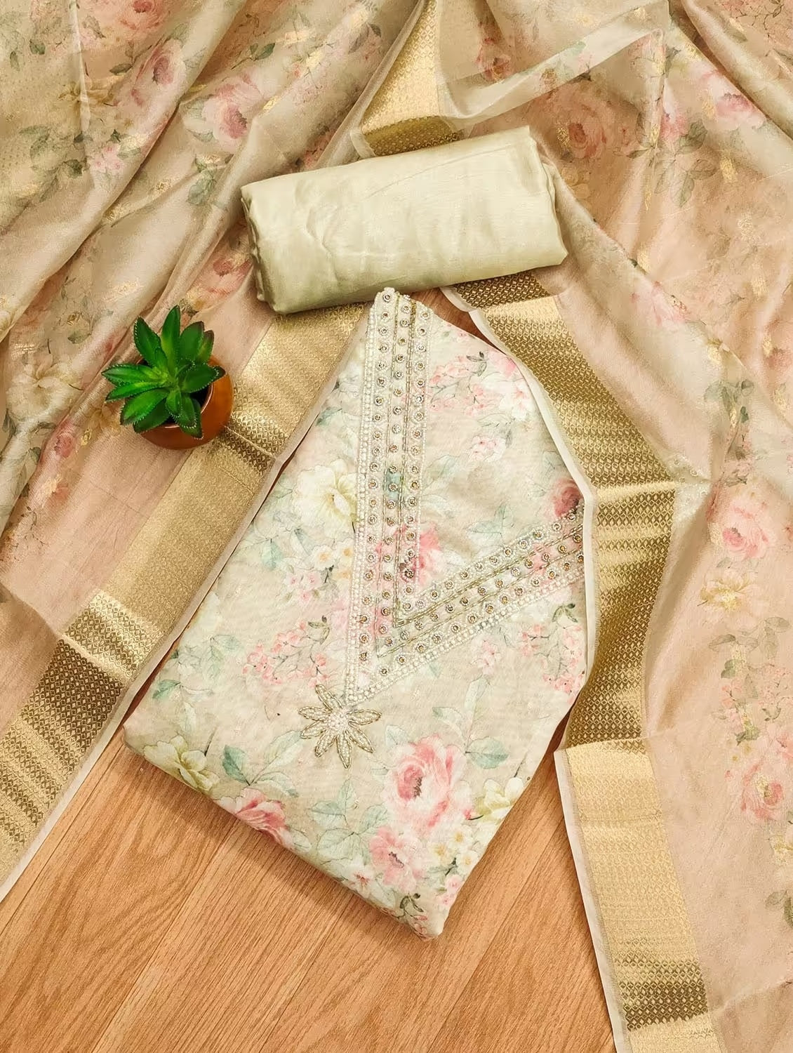Heavy Modal Floral Print Dress Material Set with Khatli Work for Women with Santoon Bottom & Inner and Banarasi Jacquard Digital Print Dupatta