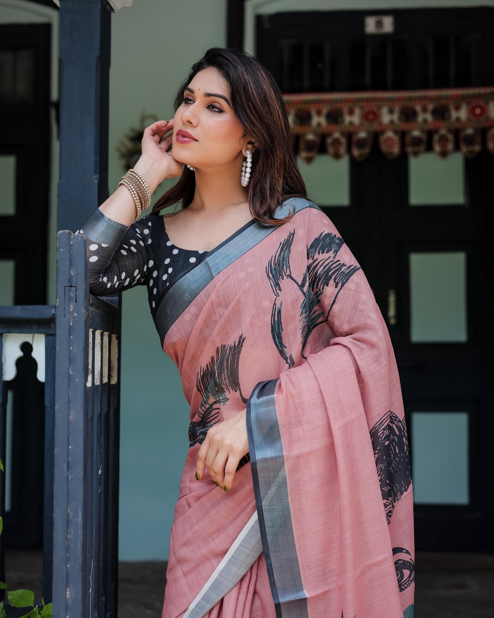 Blush Pink Pure Cotton Linen Saree with Contrast Polka Dot and Tassel Detailing With Unstitched Blouse