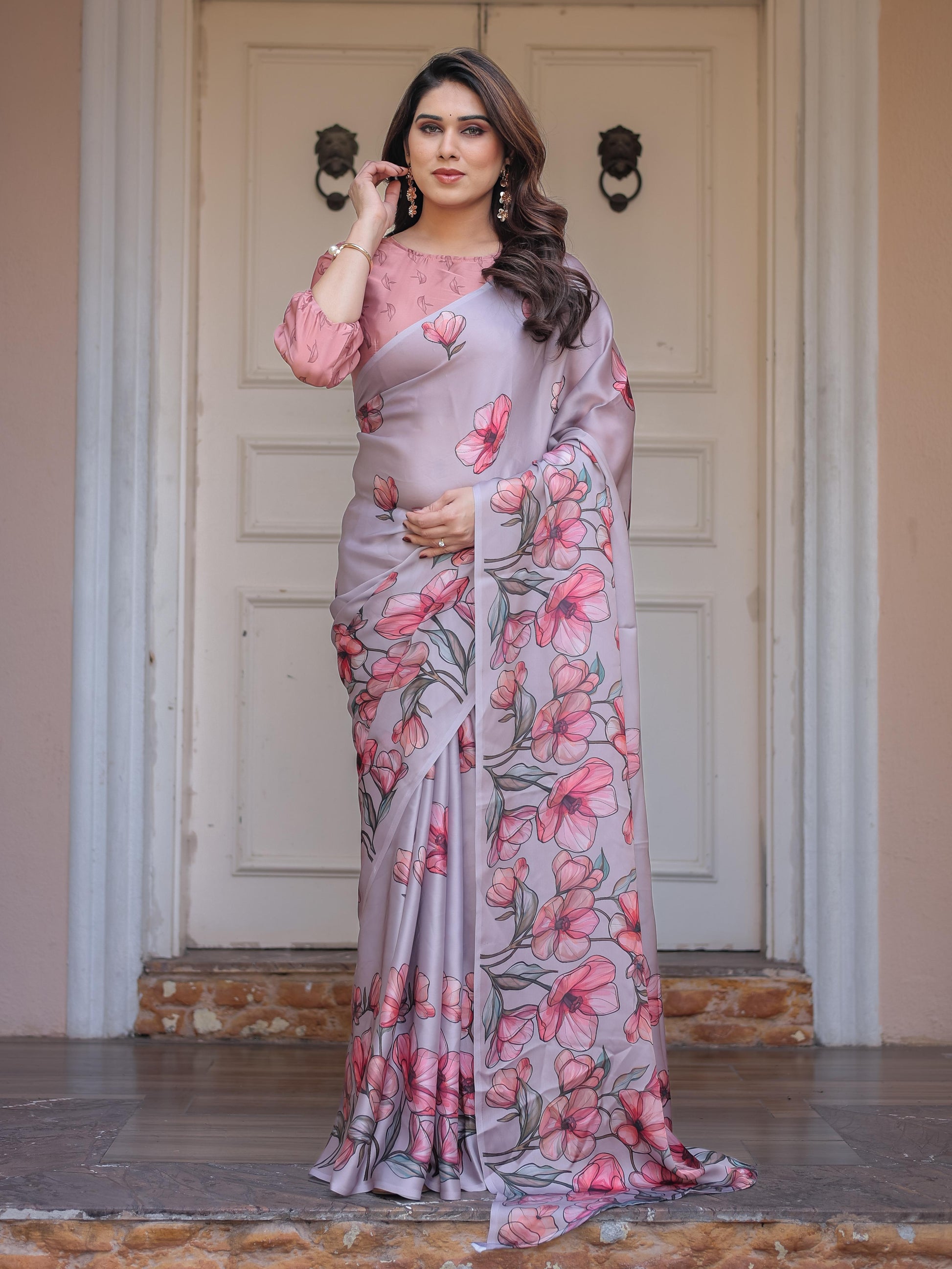 Lavender Satin Georgette Floral Printed Saree with Rose Pink Blouse for Women | Elegant Soft Party Wear Designer Saree